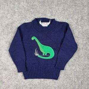 Blue Bird‎ Dinosaur Sweater Kids Navy Blue Vintage 70s 80s Brontosaurus Knit